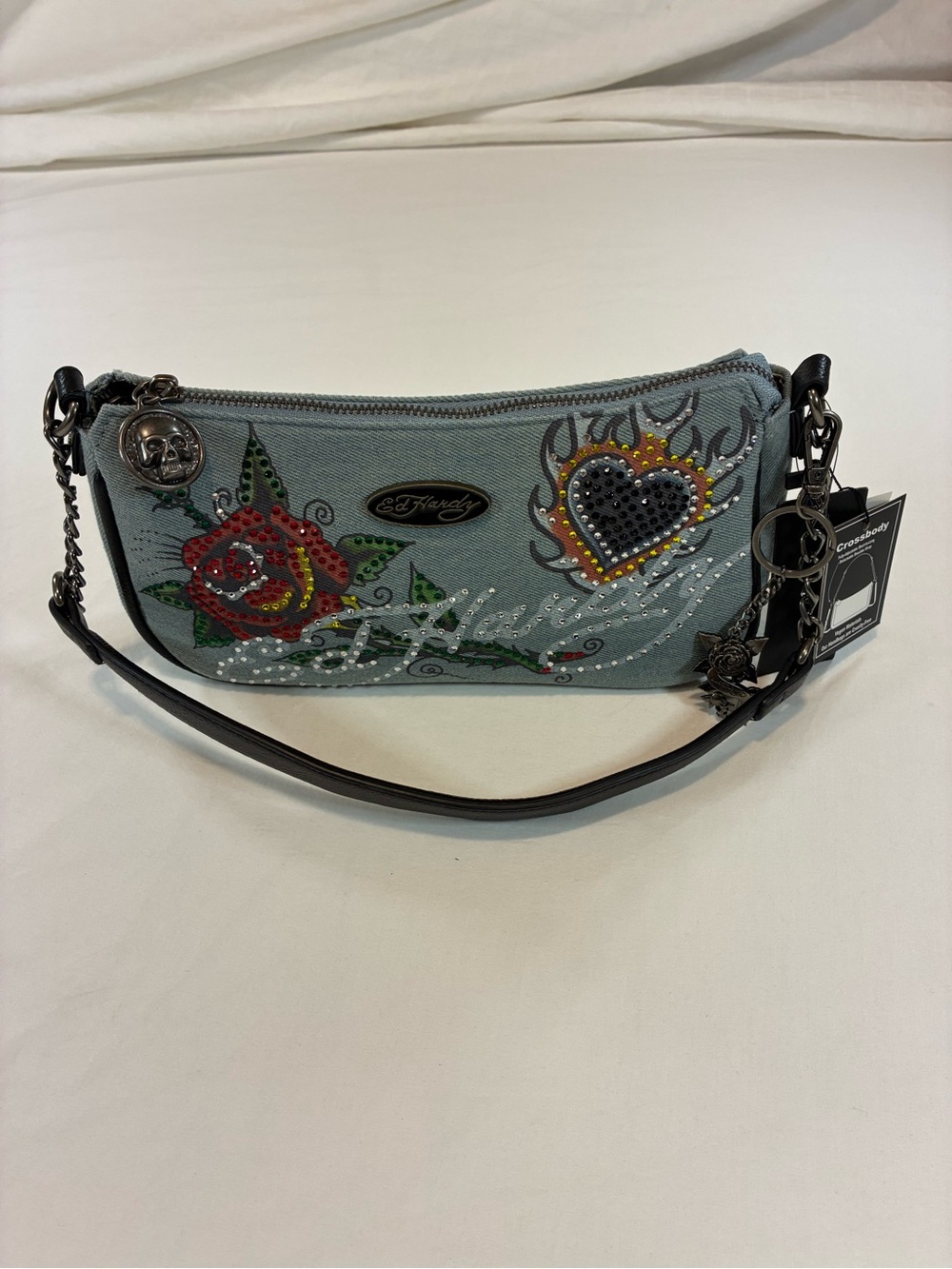Ed Hardy Light Blue Embellished Canvas Wristlet with Rose & Heart Motif